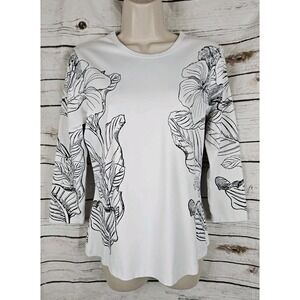 J McLaughlin White Floral Drawing Print Top M Catalina Cloth 3/4 Sleeves